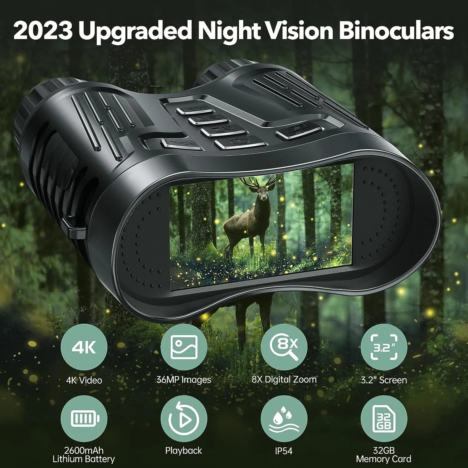 3.2” HD Screen 8X Zoom Save Photo Video for Camping Hunting Security Infrared Digital Night Vision Binoculars with 32G TF Card